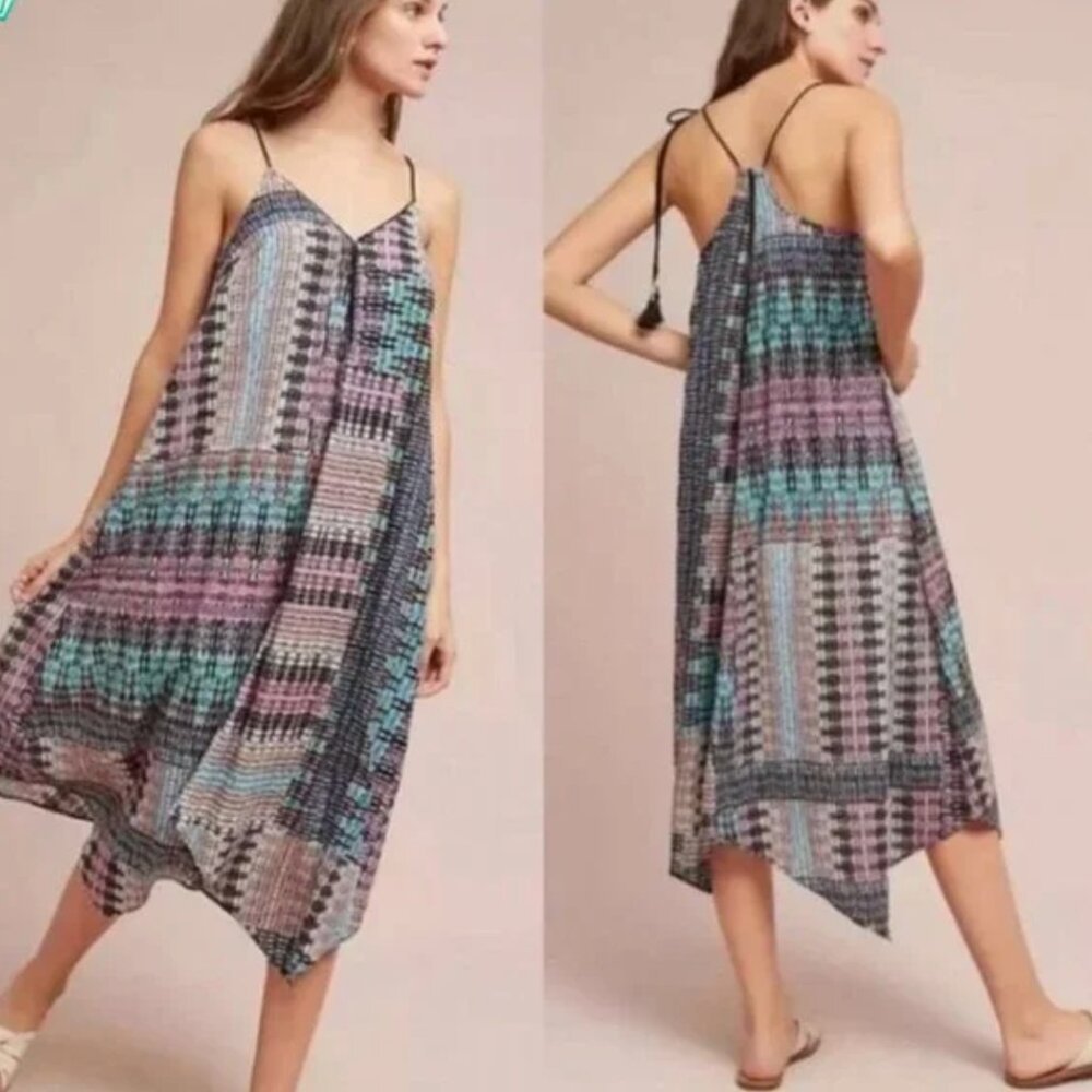 Anthropologie Blue Riviera Tassel Graphic midi dress